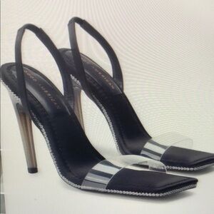 Good American Black Glitter Heels Rhinestones Clear Heel Clear Straps Size 8.5